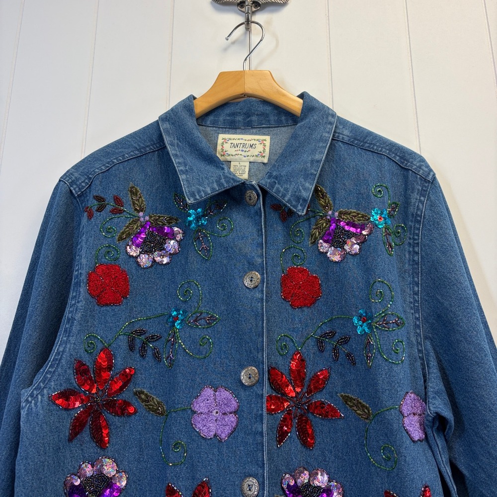 Vintage Tantrums Whimsical Floral Beaded Denim Jacket Womens Large Grannycore - Picture 9 of 11